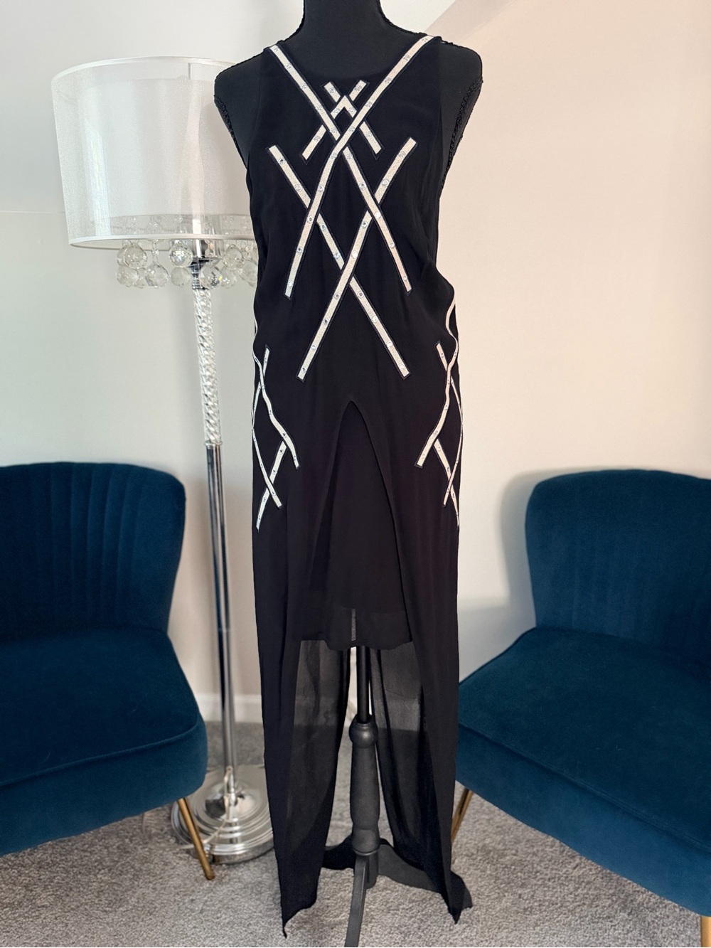 sass & bide Black Sleeveless High-Low Dress with Silver Beaded Trim AU36 (us 2-4